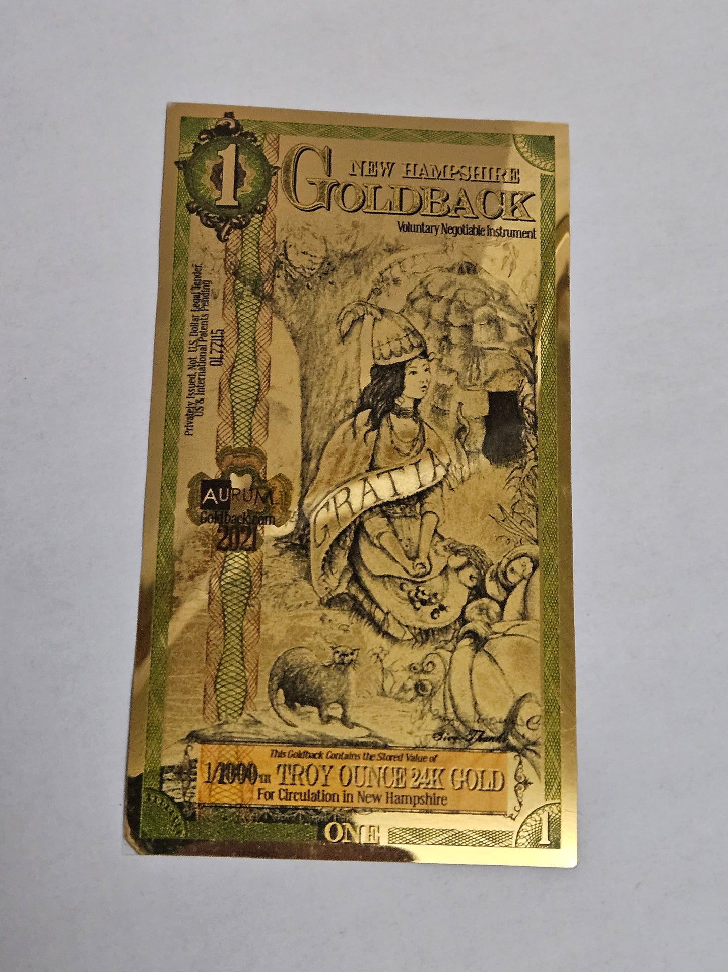 1 NEW HAMPSHIRE Goldback 24k