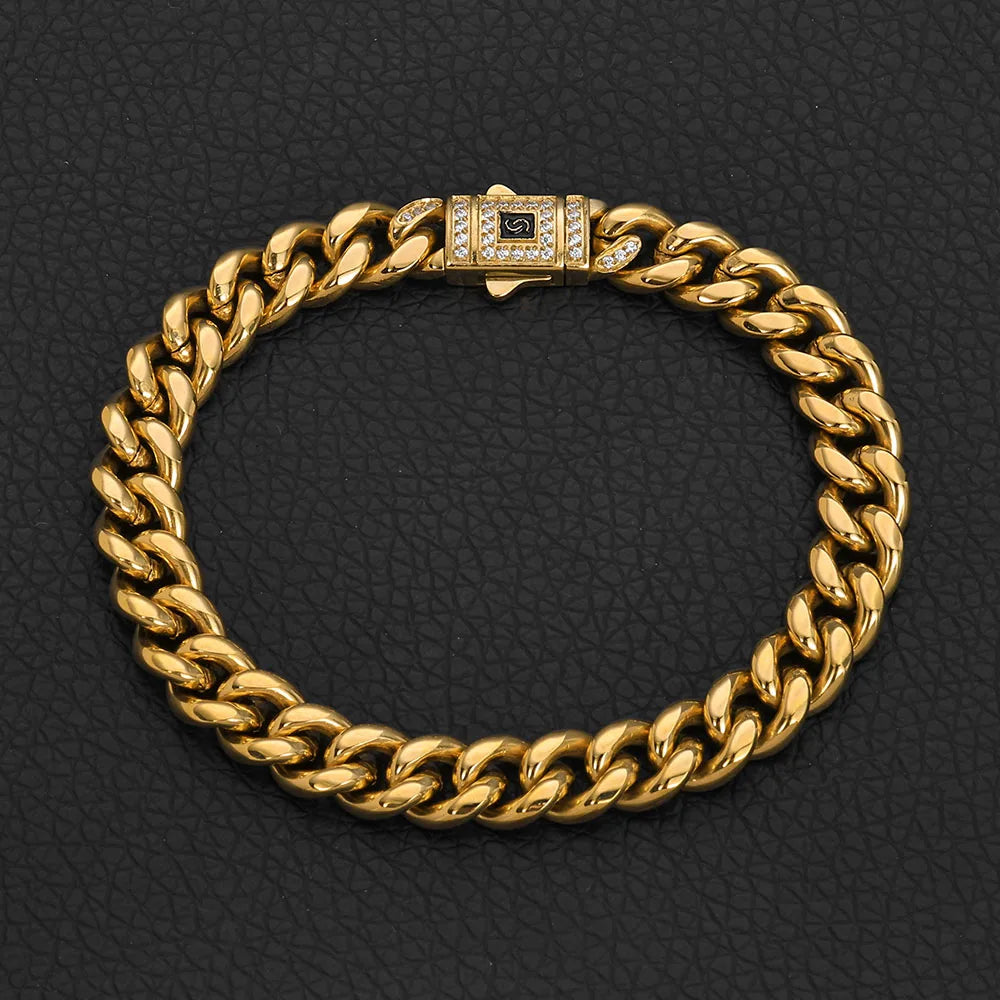 14k Gold Color Stainless Steel Cuban Miami CZ Spring Lock Monaco Chain