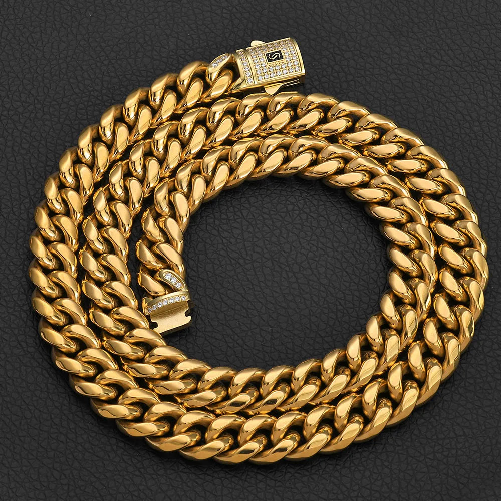 14k Gold Color Stainless Steel Cuban Miami CZ Spring Lock Monaco Chain