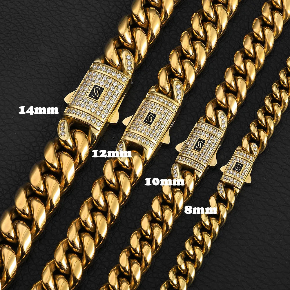 14k Gold Color Stainless Steel Cuban Miami CZ Spring Lock Monaco Chain