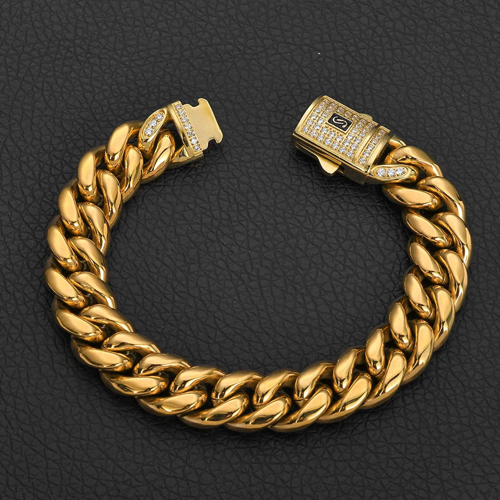 14k Gold Color Stainless Steel Cuban Miami CZ Spring Lock Monaco Chain