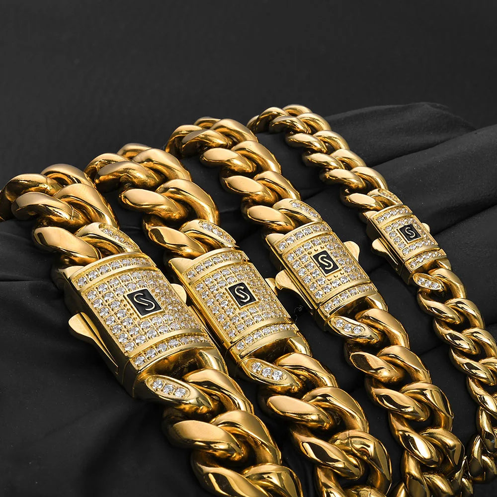 14k Gold Color Stainless Steel Cuban Miami CZ Spring Lock Monaco Chain