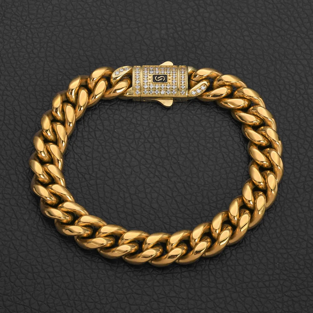 14k Gold Color Stainless Steel Cuban Miami CZ Spring Lock Monaco Chain