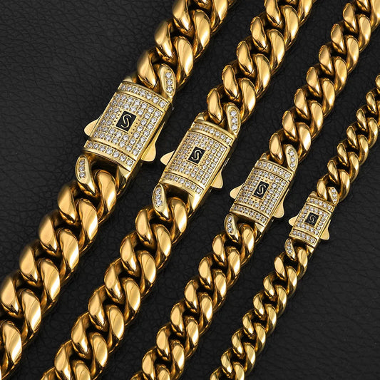 14k Gold Color Stainless Steel Cuban Miami CZ Spring Lock Monaco Chain
