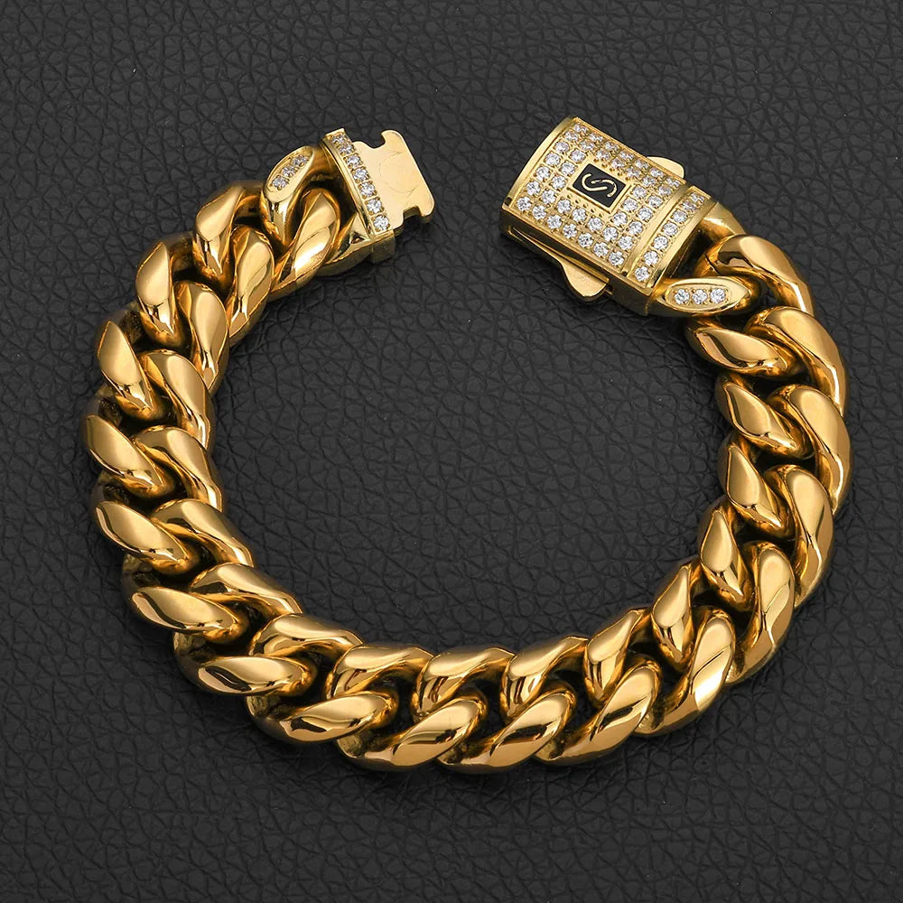 14k Gold Color Stainless Steel Cuban Miami CZ Spring Lock Monaco Chain